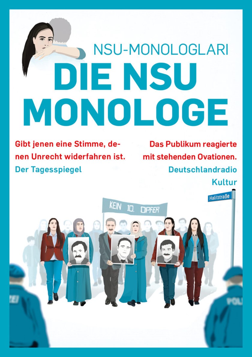 Poster der NSU-Monologe, eine Gruppe von Menschen demoenstriert.